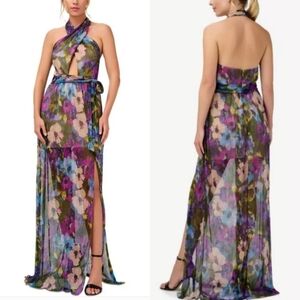 🔥Aidan Mattox Crinkle Mesh Floral Printed Halter Metallic Dress 